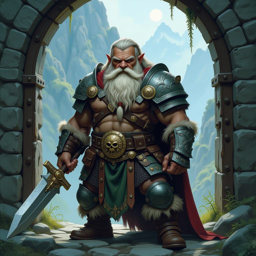 Dwarf Warrior Guarding Mountain Fortress in Gritty Fantasy A...