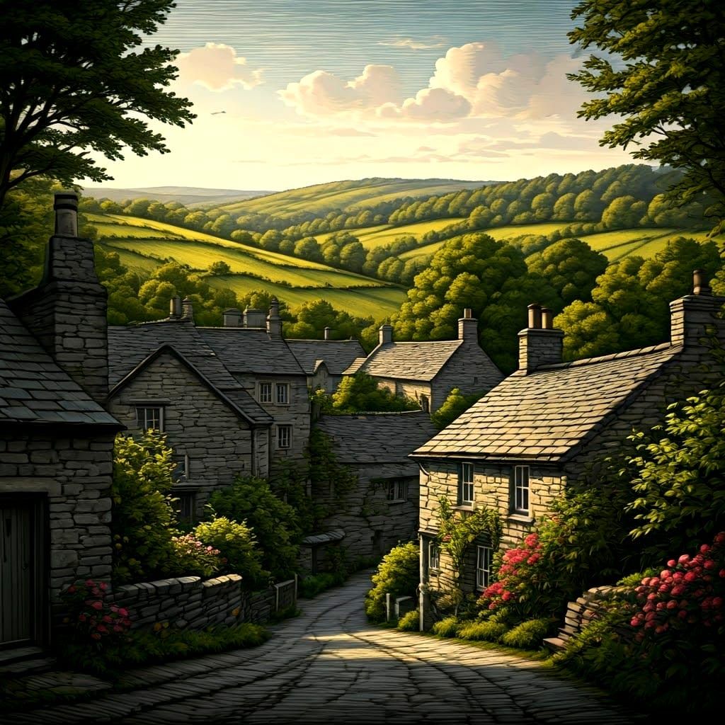 Rustic Village Scene in Scratchboard Art
