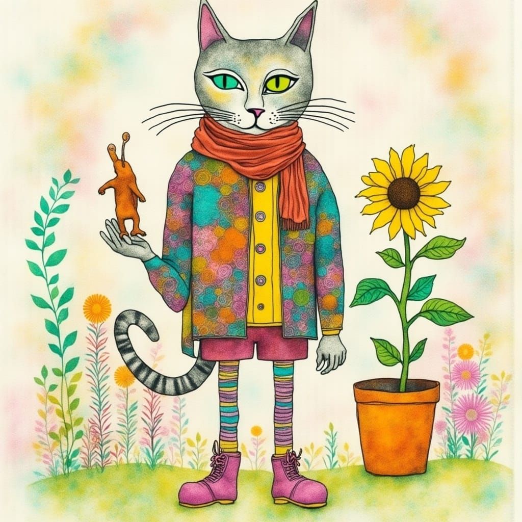 Whimsical Feline in Watercolor Illustration