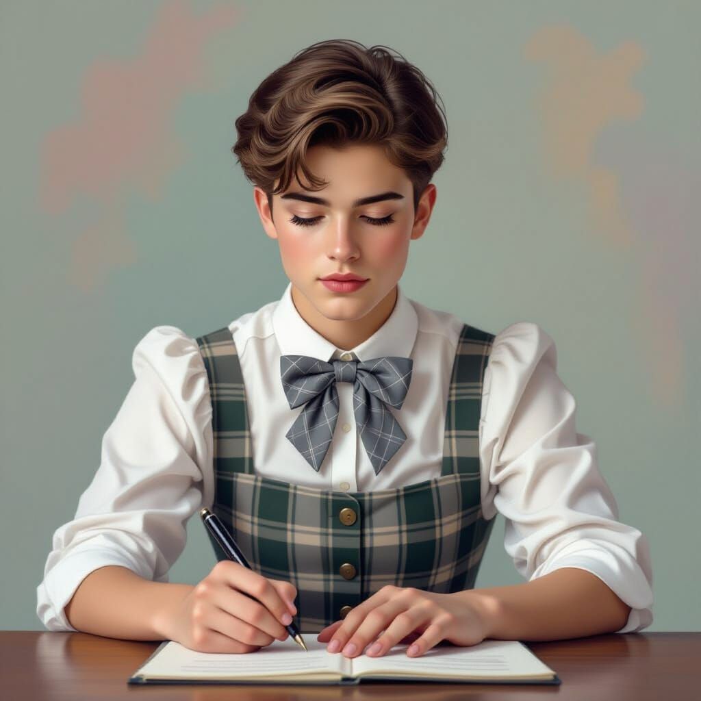 Young Man in Schoolgirl Uniform: Hyperrealistic Concept Art