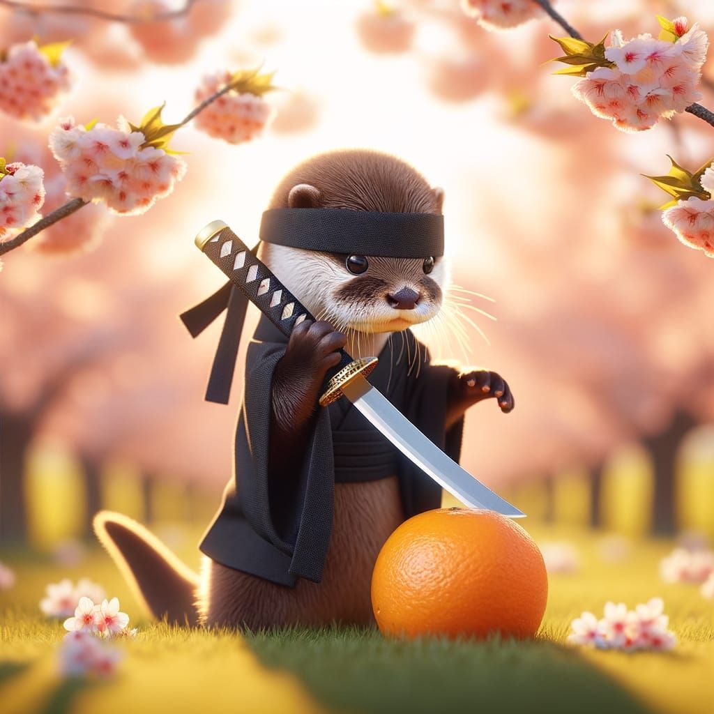 Ninja Otter Slices Orange in Sakura Field