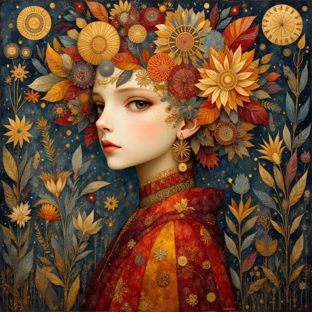 Nature Goddess in Crimson, Gold, and Blue: Klimt Style