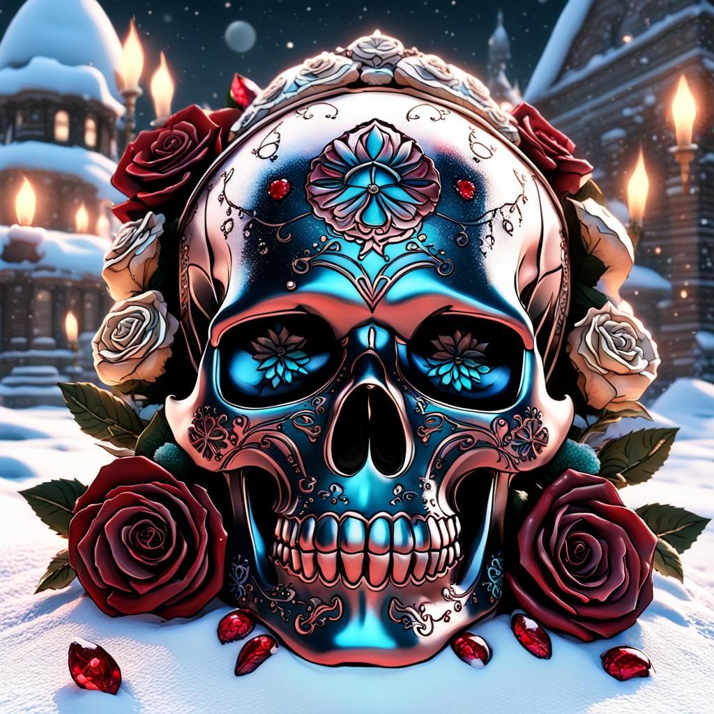 Dia de Los Muertos Skull with Roses and Rubies