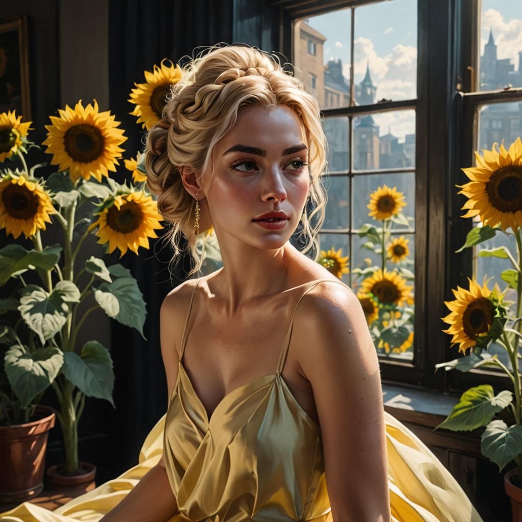 Blonde Girl in Gown with Sunflowers, Ukiyo-e Style