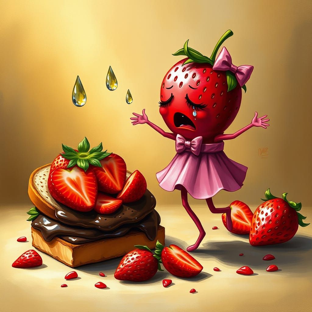 Whimsical Strawberry in Despair Over Nutella Sandwich