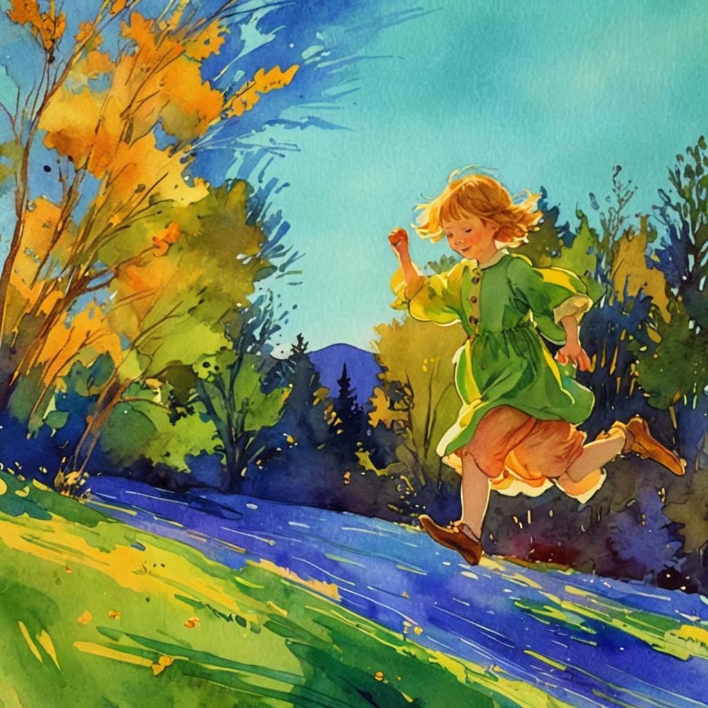 Whimsical Child in Meadow, Watercolor Illustration