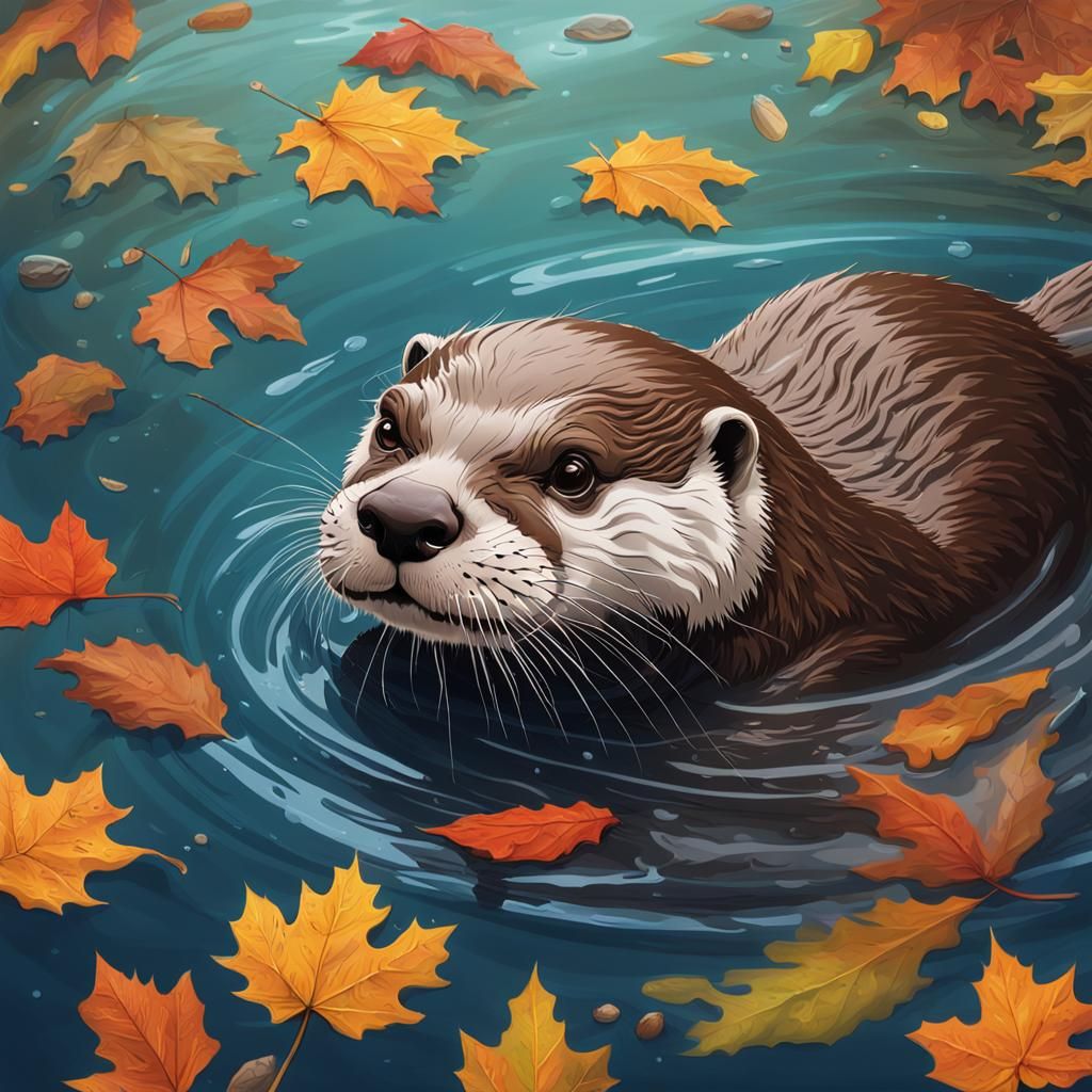 Otter in Autumn Leaves Splash Art