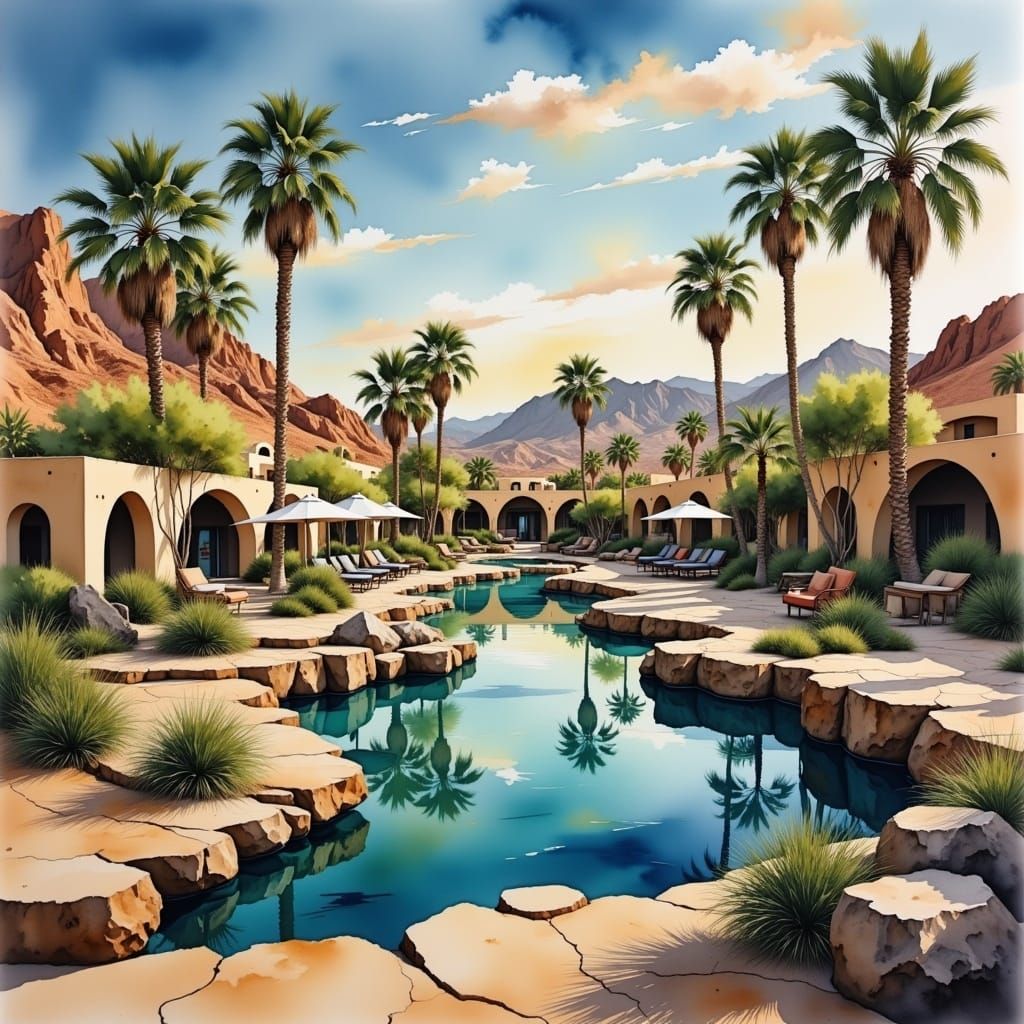 Desert Oasis Mirage in Watercolor and Ink
