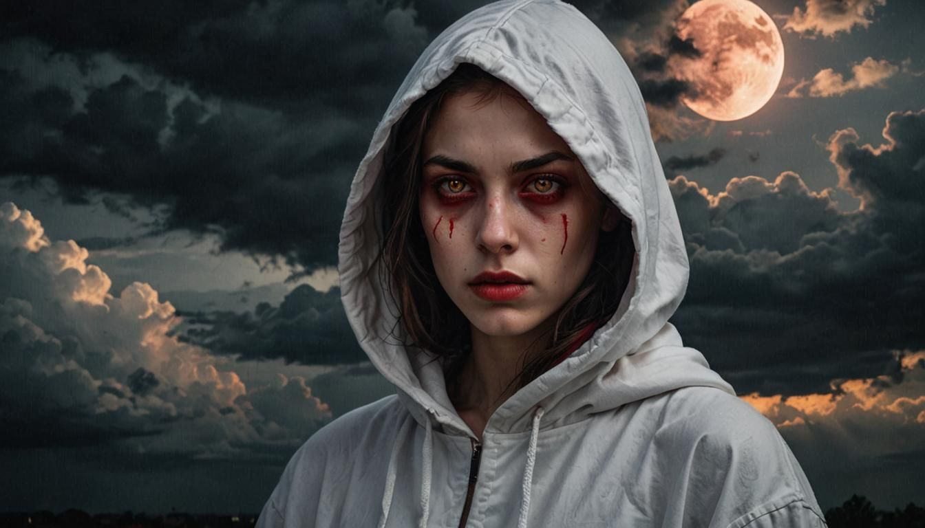 Hooded Woman with Red Eyes in Dramatic Lighting