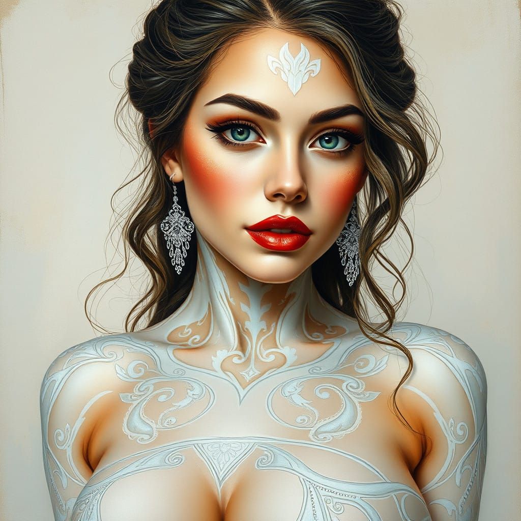 Gouache Masterpiece of a Young Woman in Vibrant White Body P...