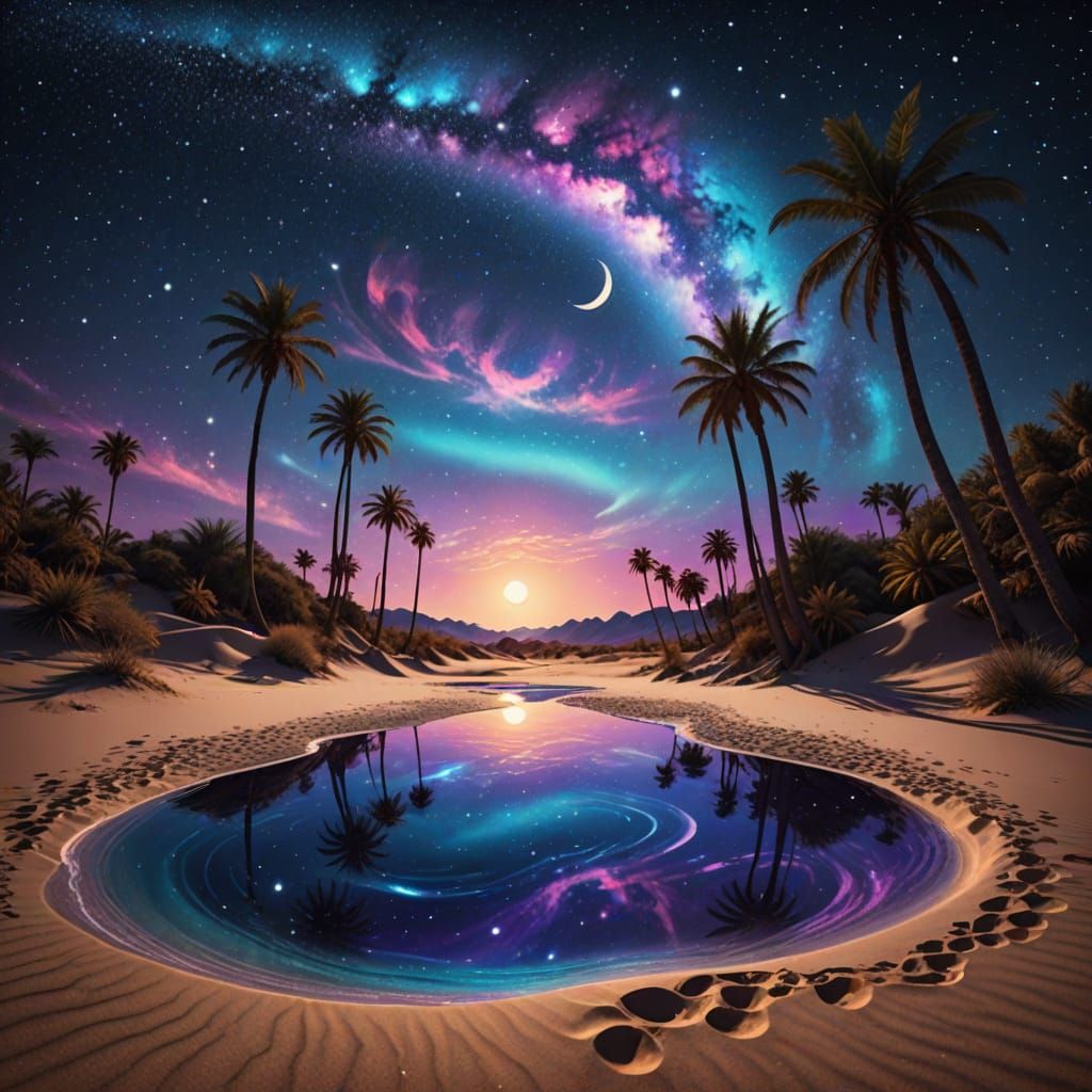 Ethereal Desert Oasis Illuminated by Cosmic Light