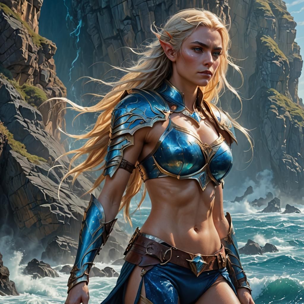 High Elf Ranger in Blue Armor, Ocean Cliff