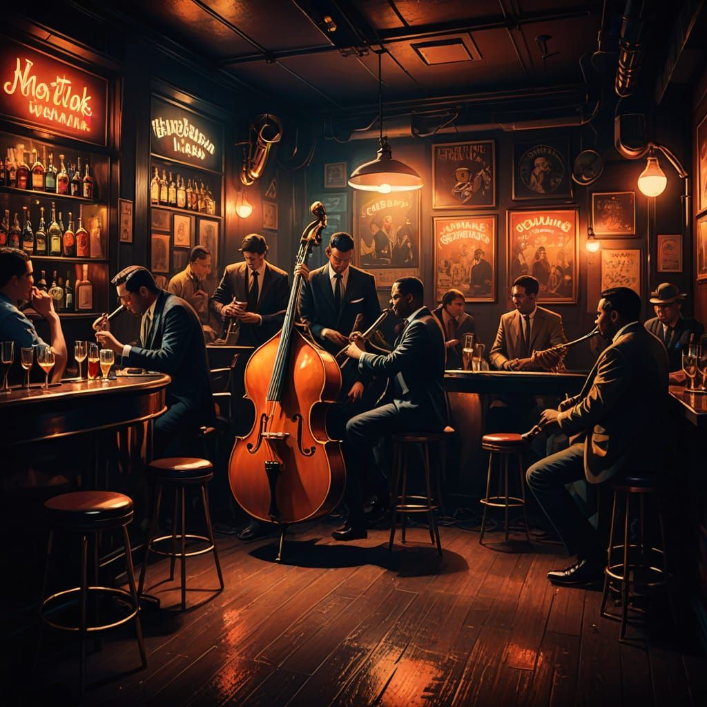 Cozy Jazz Bar Scene with Live Band and Patrons