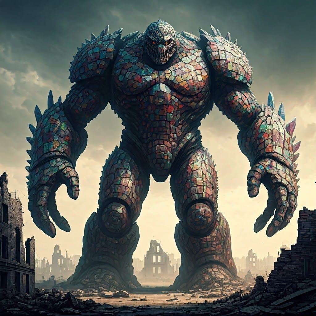 Vibrant Glass Kaiju Golem Towers Over Ruined Cityscape