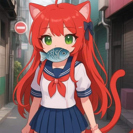 Kawaii Catgirl Eating Taiyaki in Tokyo Alley