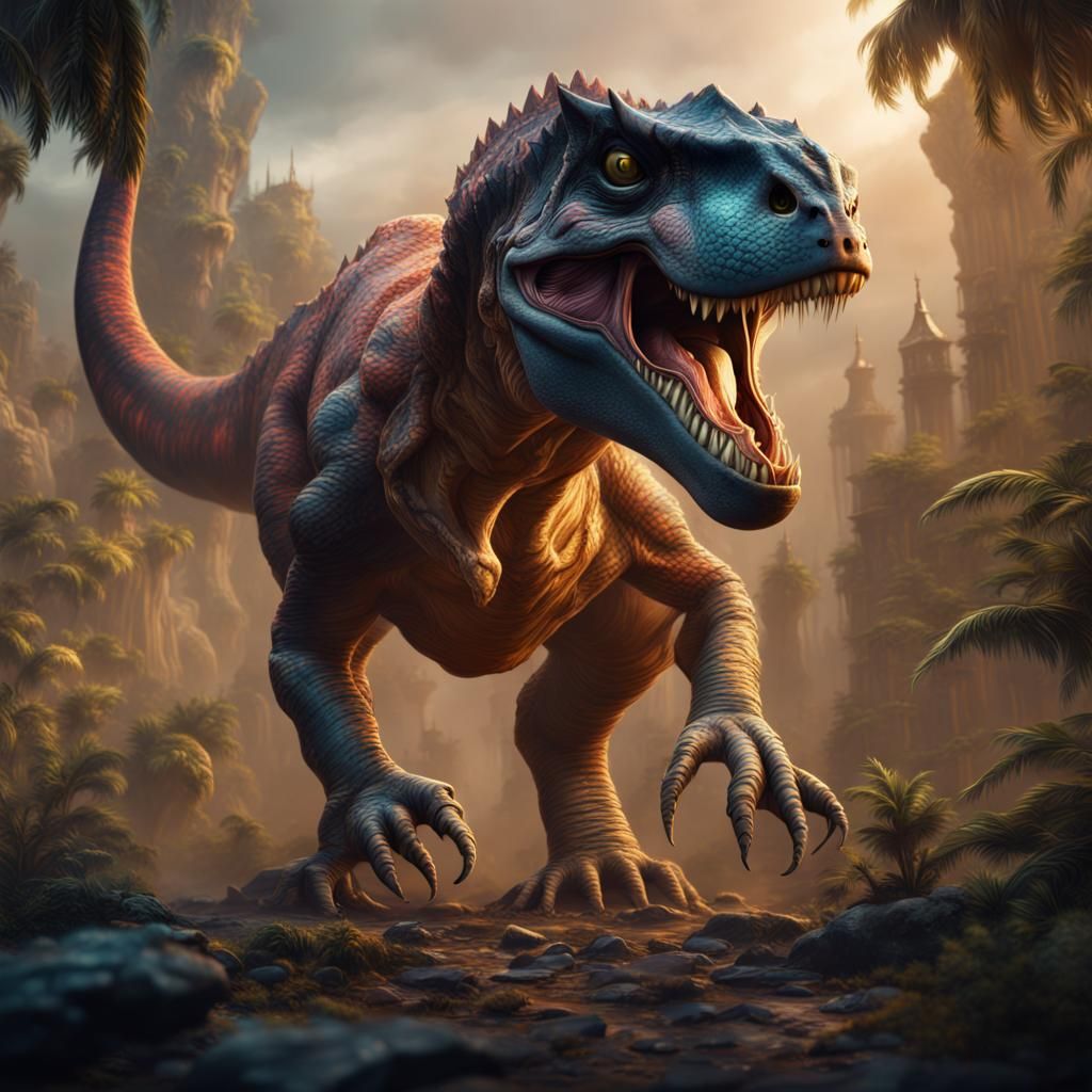 Cat and T-Rex Fusion: Detailed Fantasy Art