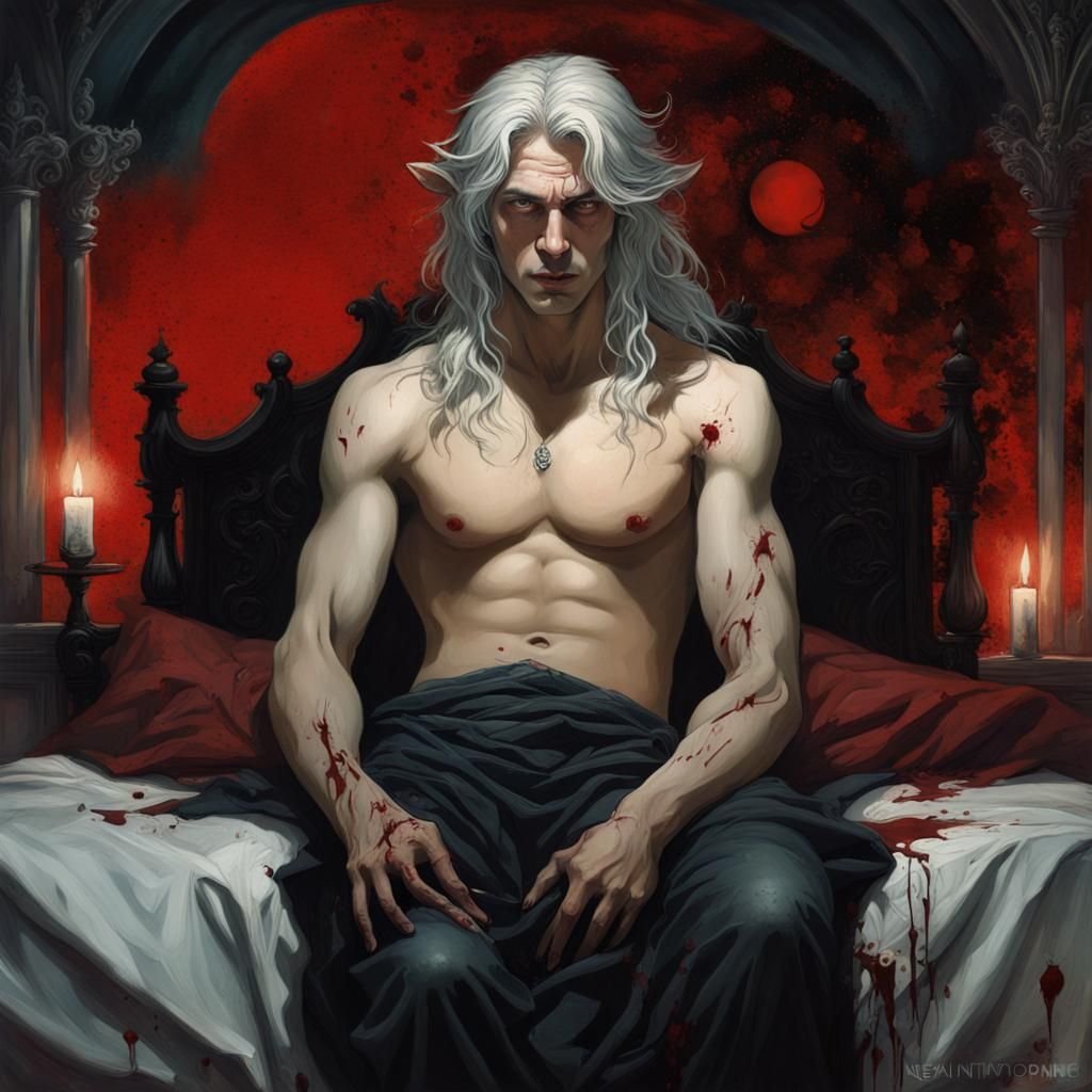 Grim Silver-Haired Incubus in Dark Gothic Oil Painting