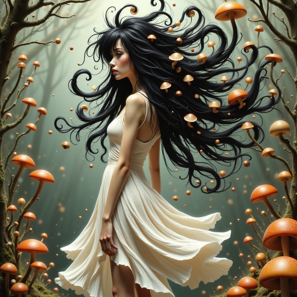 Girl with Mushroom Hair in Art Nouveau Style