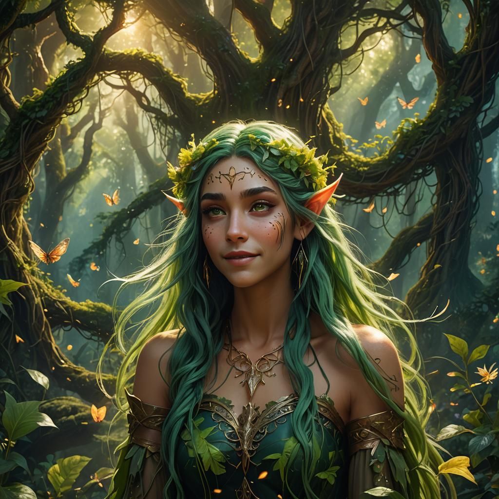 Ethereal Half-Elf Fairy in Lush Enchanted Forest