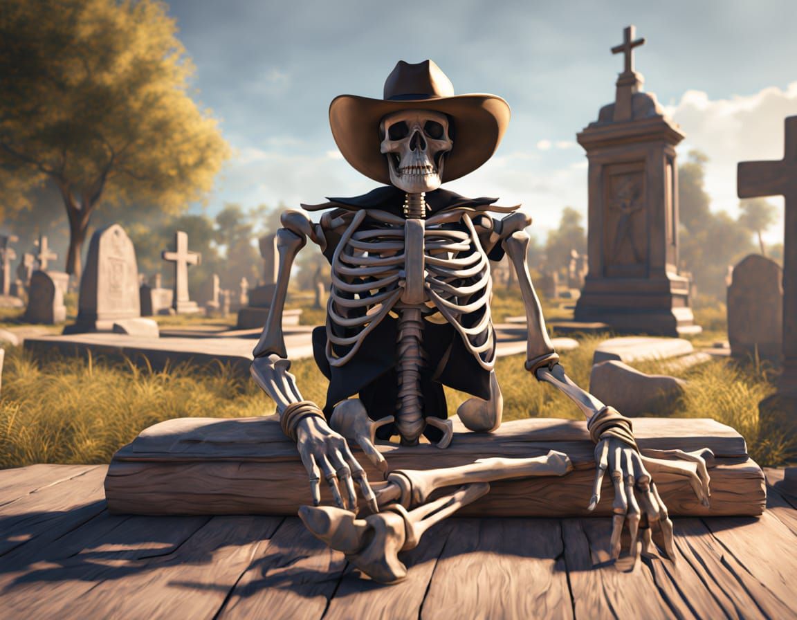 Skeleton Cowboy Kneels in Graveyard Comic Art