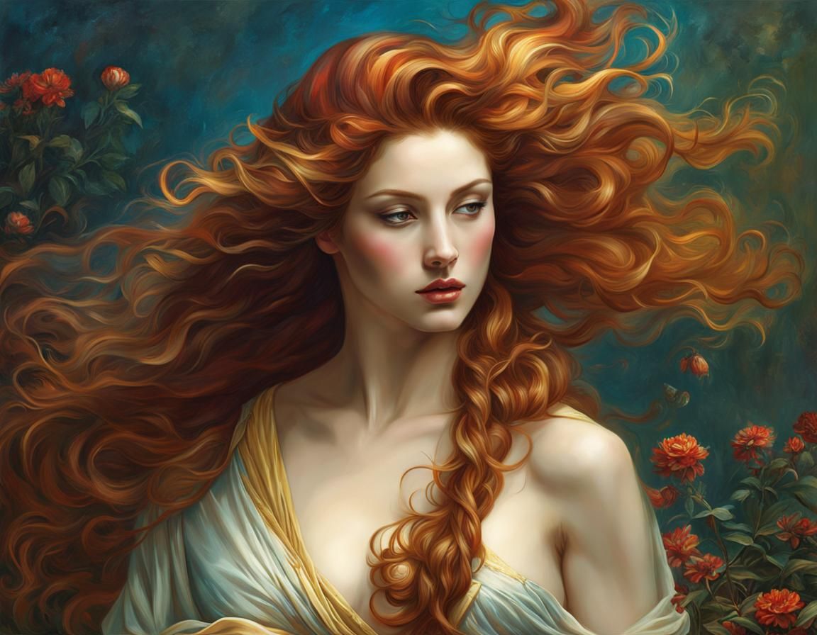 Sensual Woman with Flowing Hair in Contrasting Colors