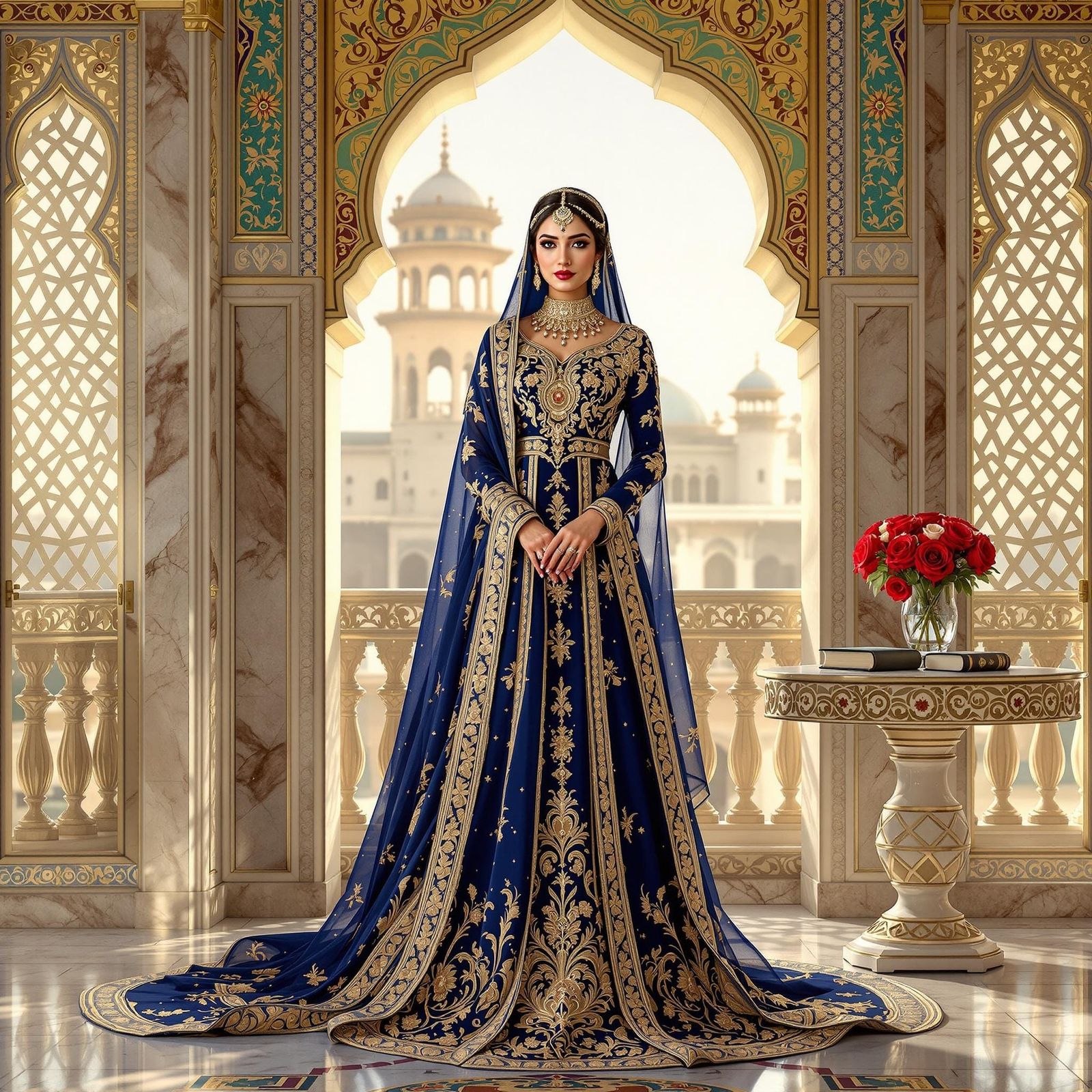 Regal Muslim Woman in Sapphire Anarkali Suit