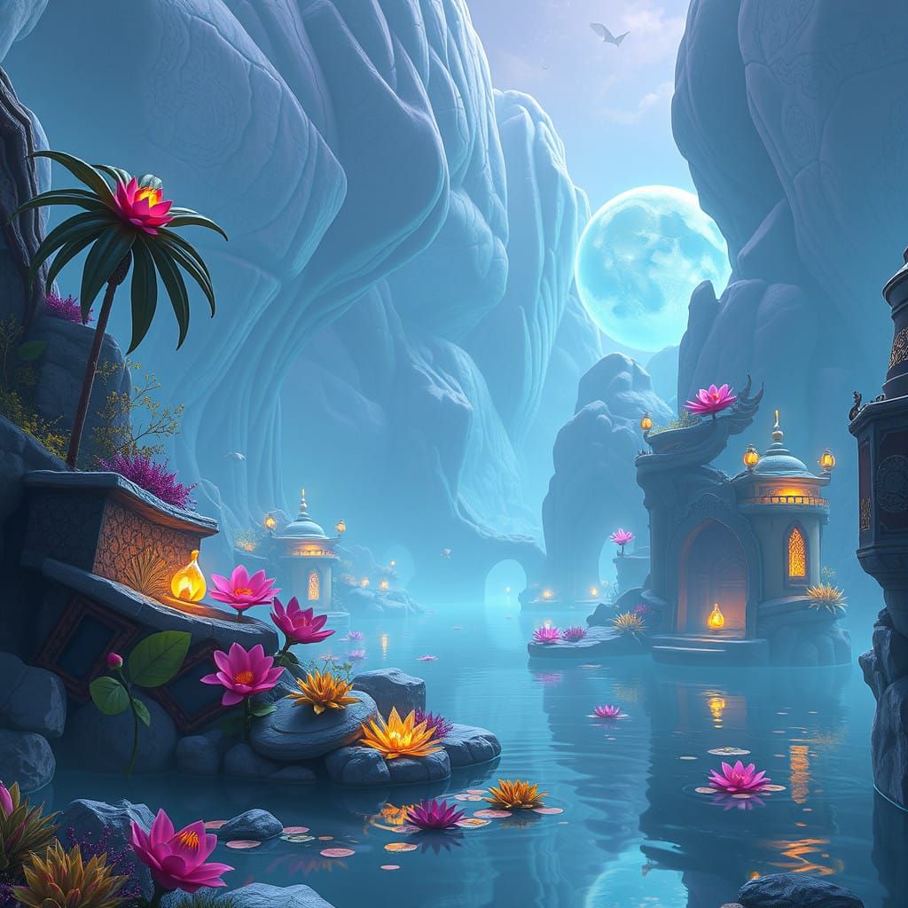 Vibrant Fantasy Oasis in Iridescent Hues