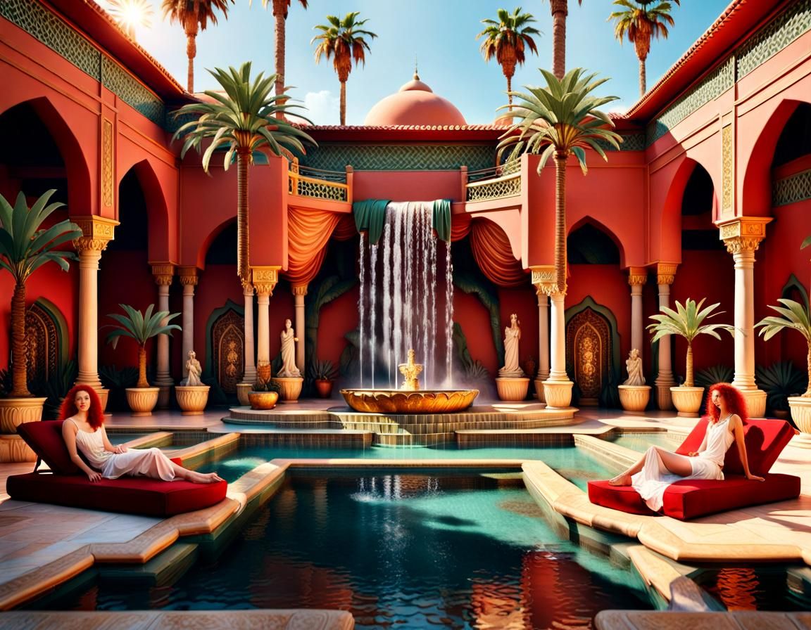 Moroccan Harem with Waterfall Fountain in 8K