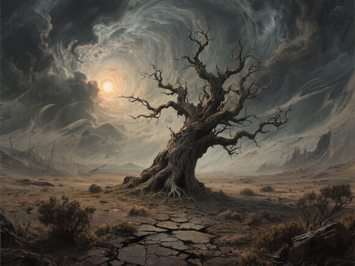 Weathered Oak in Desolate Landscape, Dark Fantasy Art