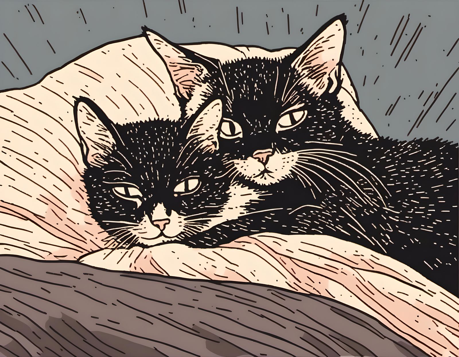 Linocut: Cat Snuggling Kitten