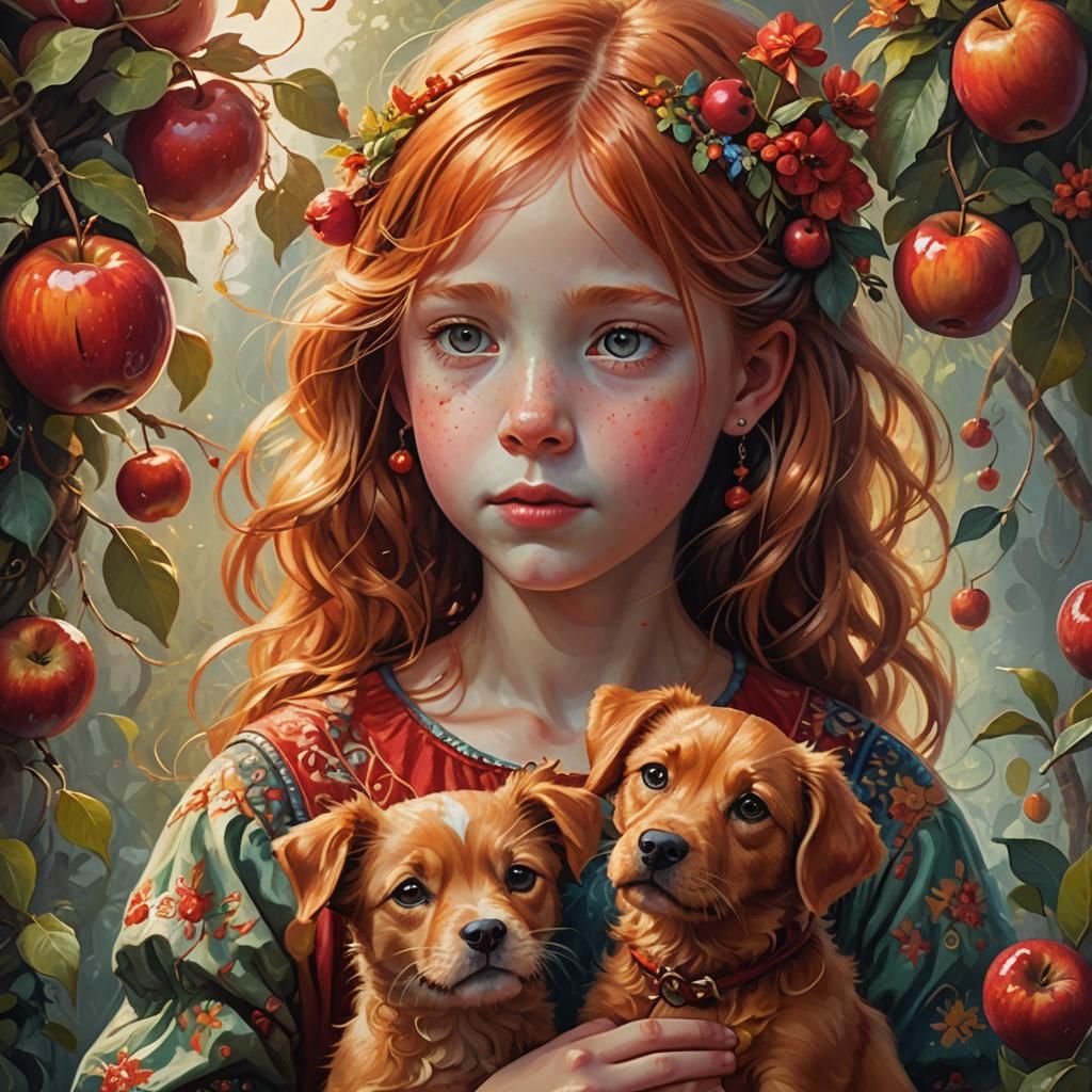 Girl with Puppy in Whimsical Oil Painting