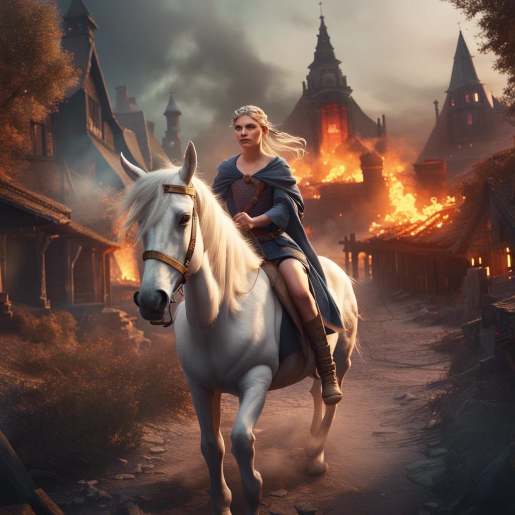 Girl Rides Unicorn Through Burning Village: Photorealistic F...