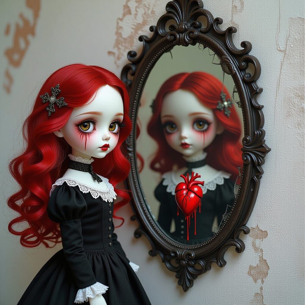 Surreal Gothic Doll with Bleeding Heart Reflection