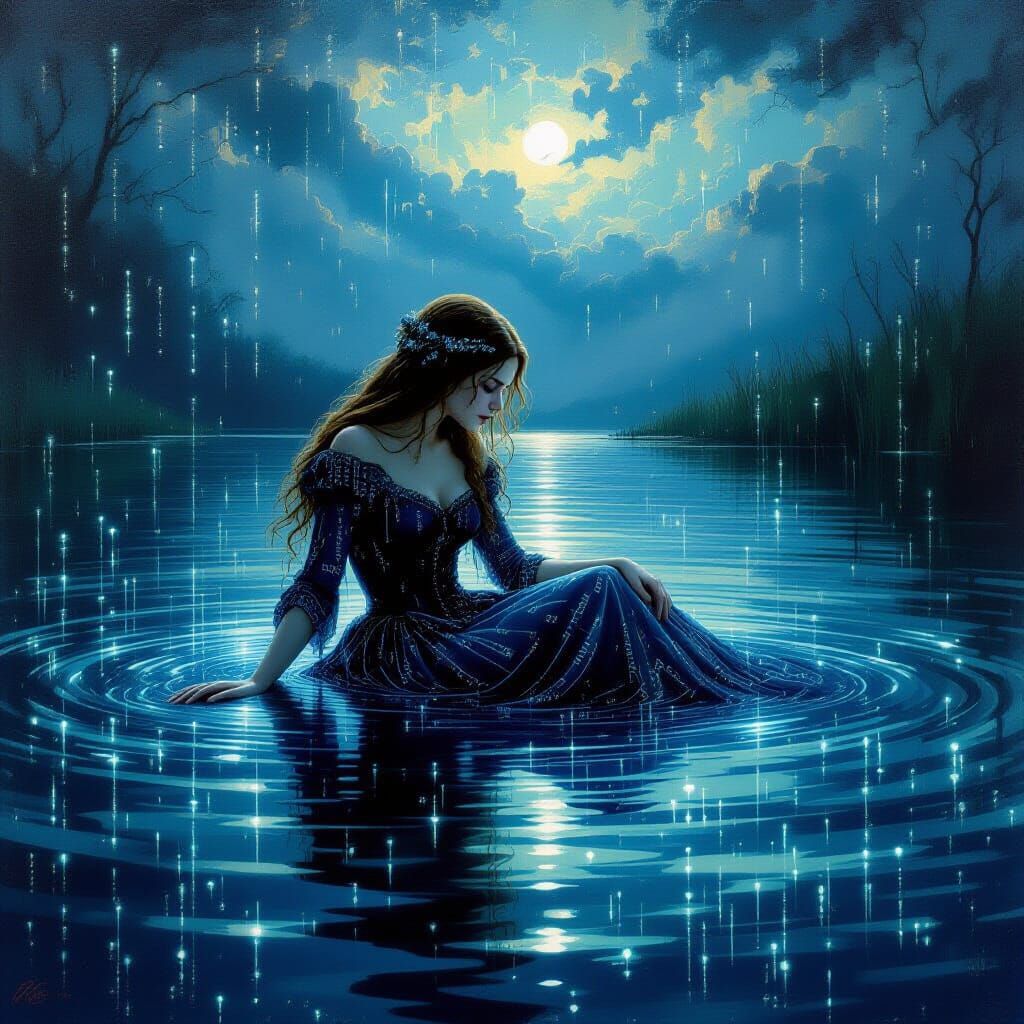 Melancholic Ophelia in Digital Enchanted Lake