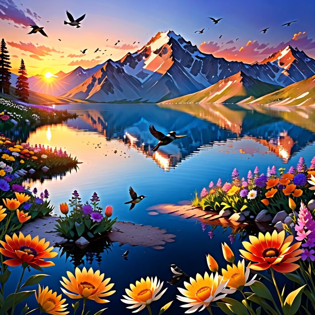 Picturesque Sunset Over Mountain Lake With Flowers