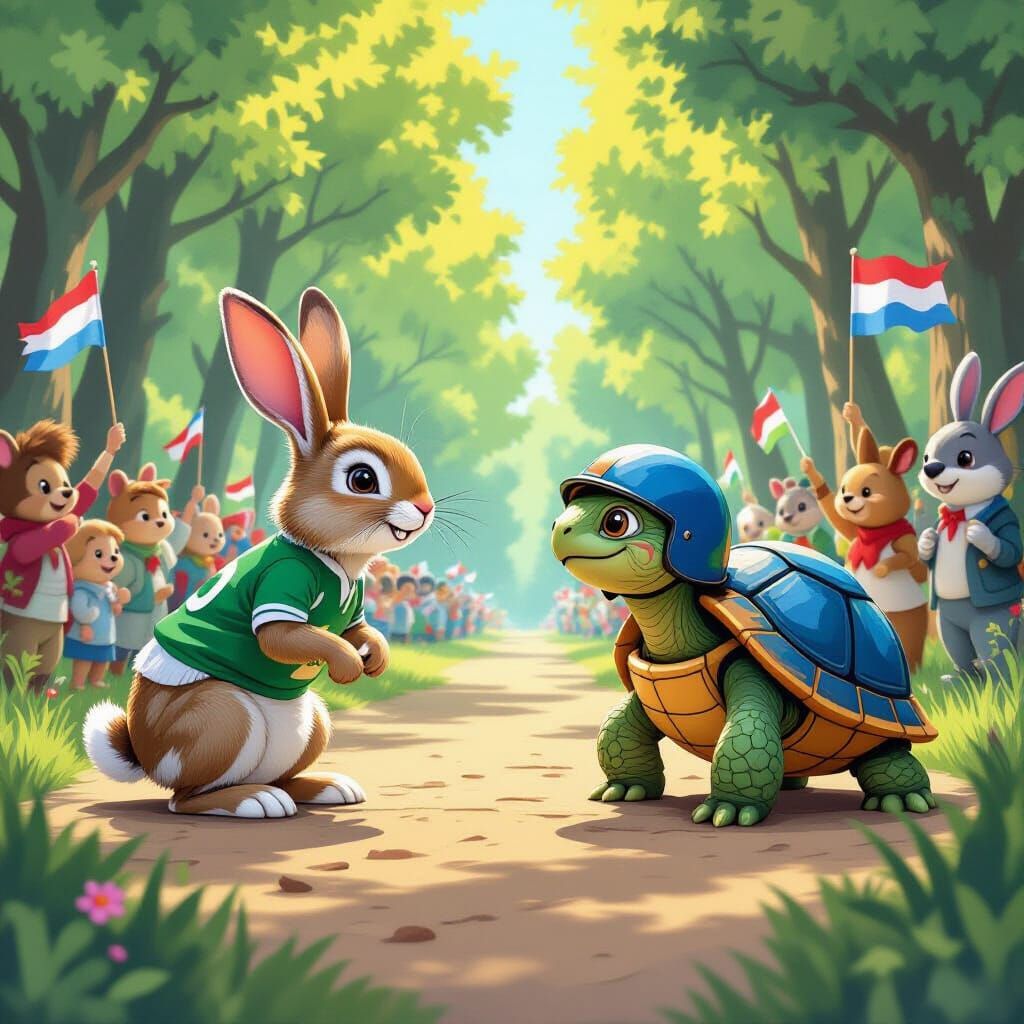 Rabbit and Tortoise Race in Whimsical Forest Landscape