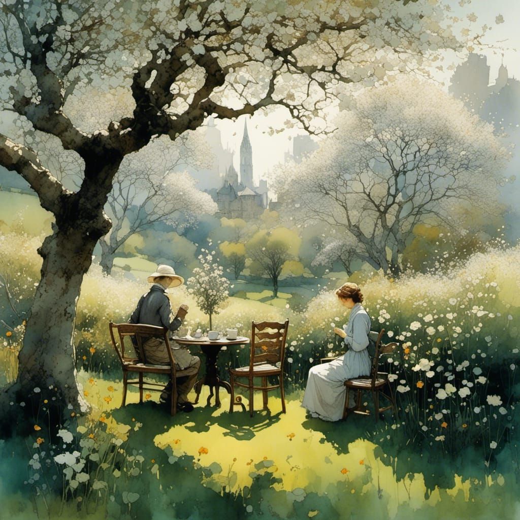 Coffee Under Apple Tree: Watercolor Style