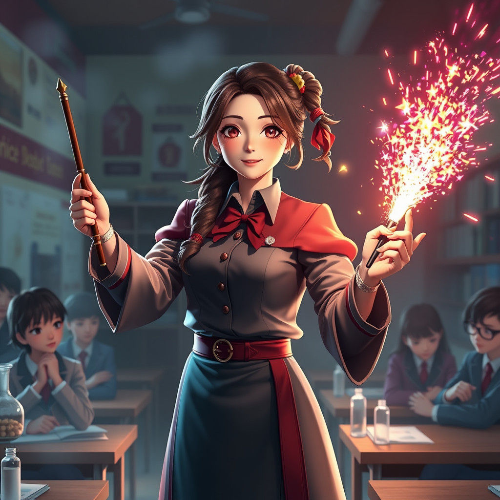 Magic School Teacher Casting Spell in Anime Style