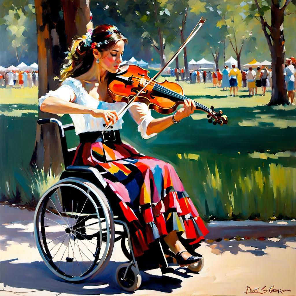 Girl in Wheelchair Playing Violin: Oil Painting