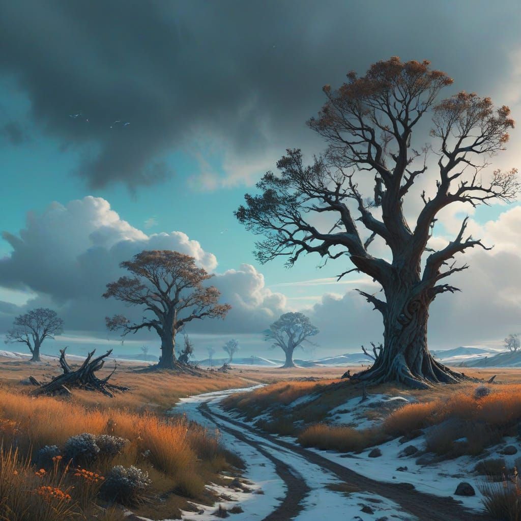 Twisted Trees on the Saskatchewan Plains in Vibrant, Fantast...