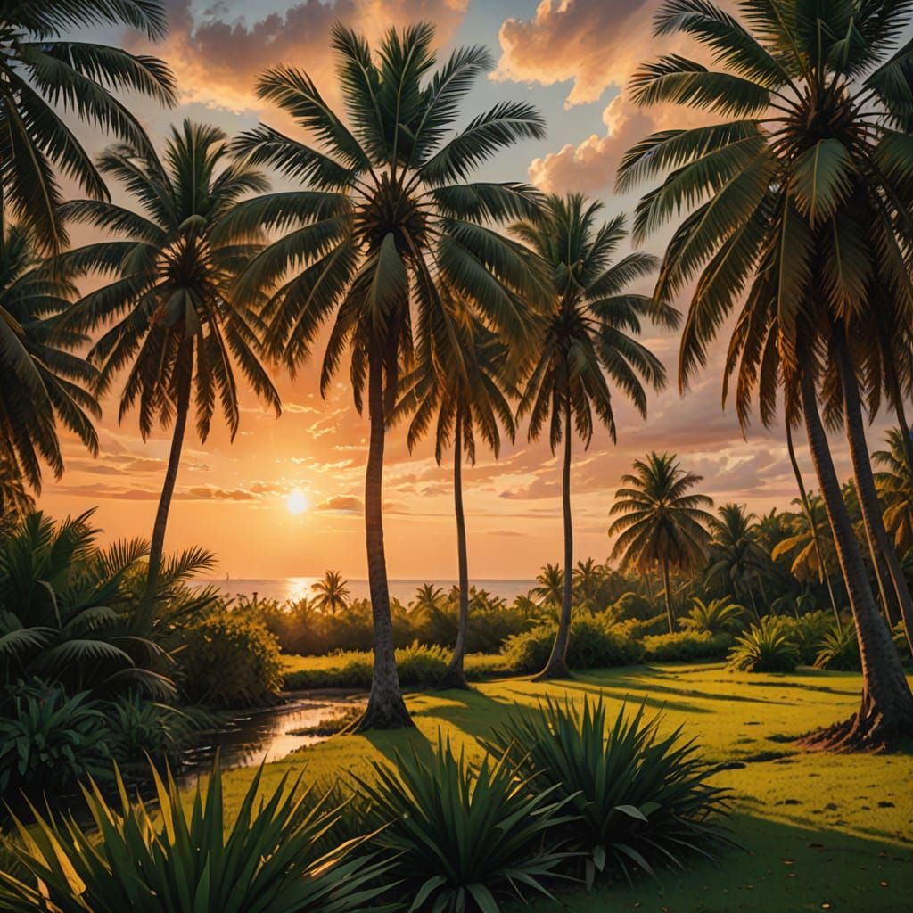 Tropical Oasis at Sunset in Impressionist Style