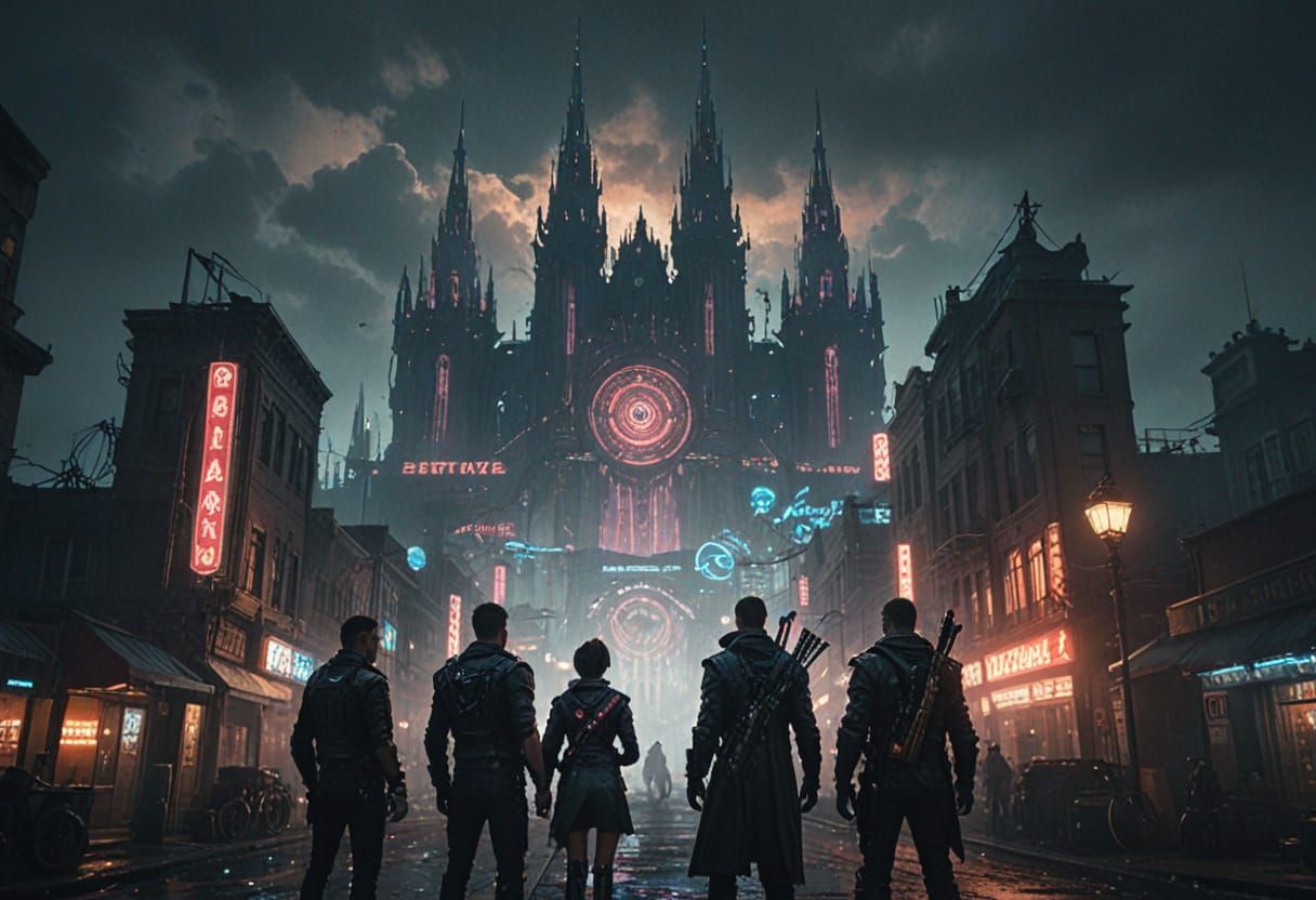 Epic Cyberpunk Rock Band in Mystical Cityscape