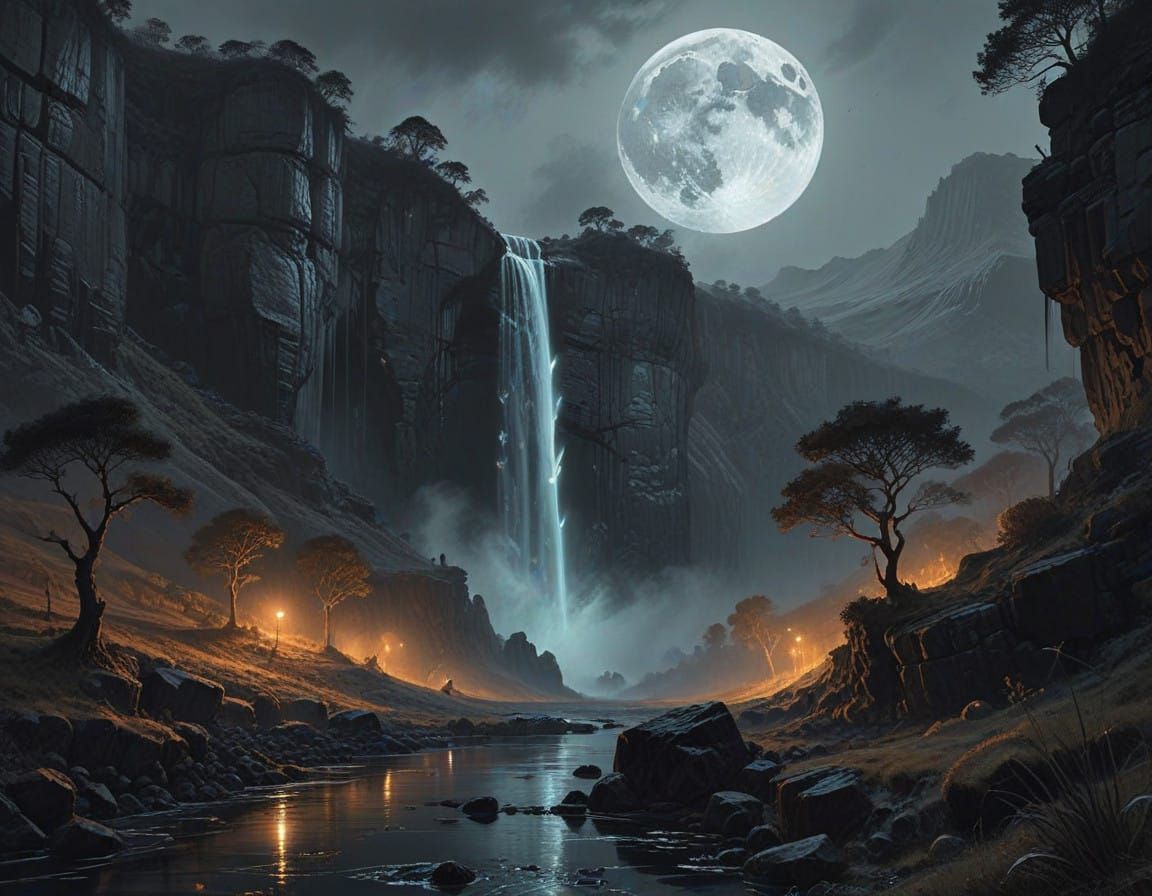 Majestic Waterfall Landscape in Dreamy Watercolor Style