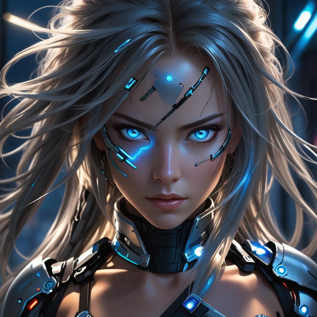 Female Cyborg with Laser Katana in Cyberpunk Style