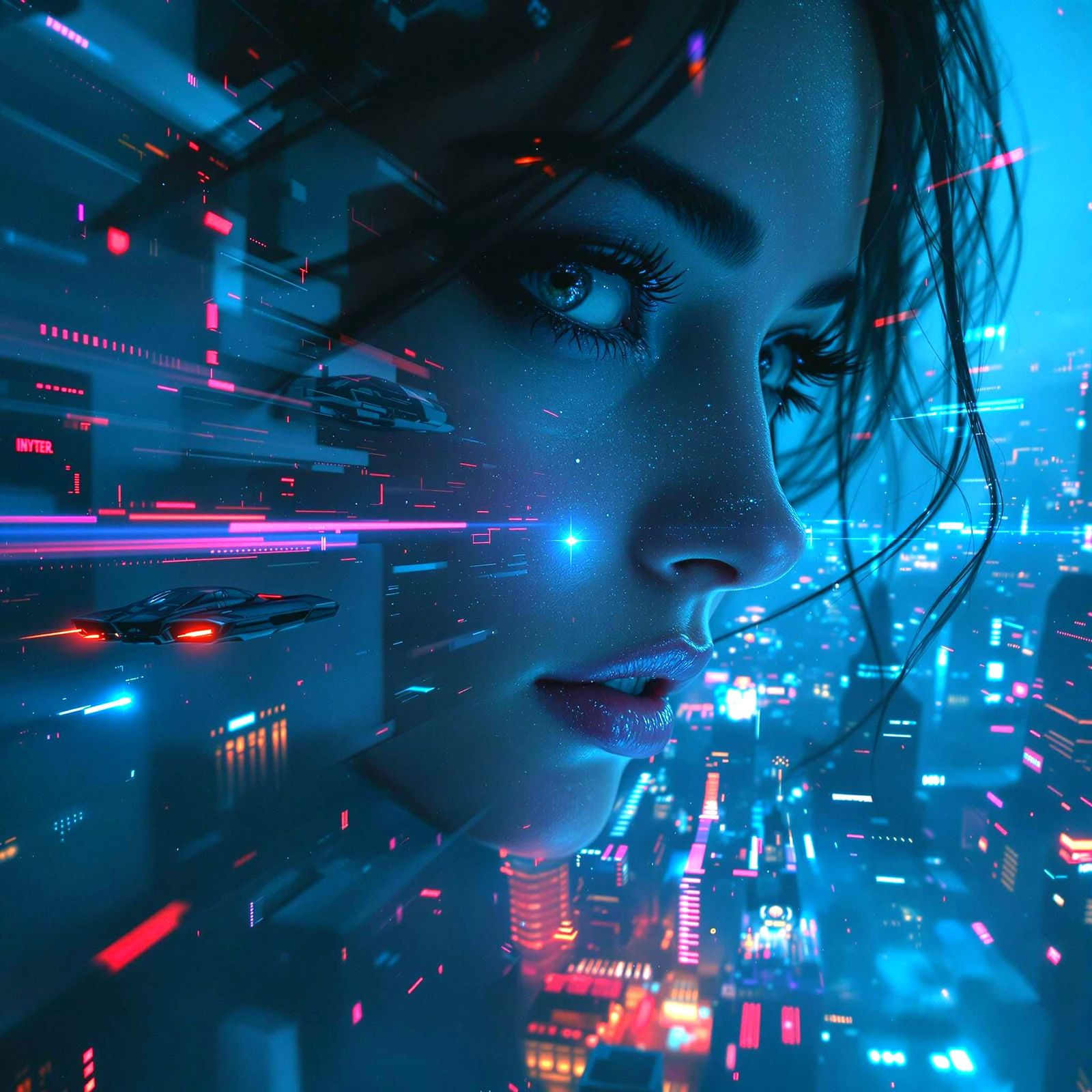 Serbian Woman's Face in Cyberpunk Metropolis