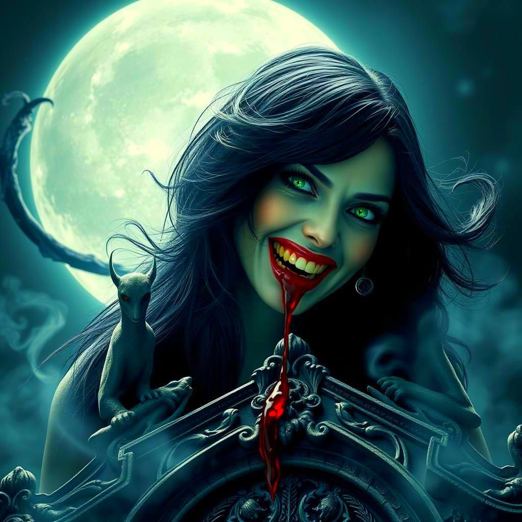 Dark Vampire Goddess in Moonlit Tomb