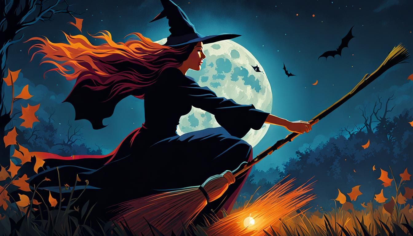 Witch Soaring on Broomstick Under Moonlight