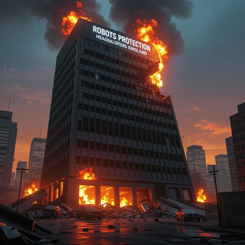 Burning Skyscraper in Dystopian Industrial Style