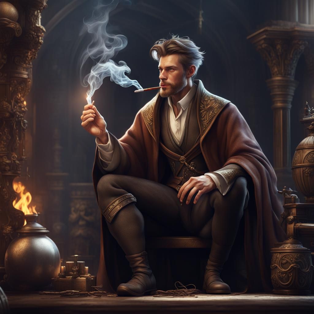 Young Wizard Smoking Pipe: Fantasy Concept Art