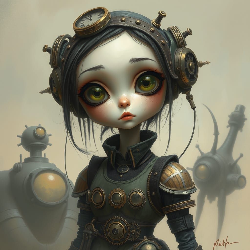 Steampunk Girl in Dreamlike Alien Machinery